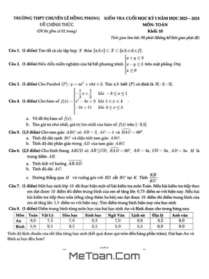 Đề thi học kỳ 1 Toán 10 năm 2023 - 2024 trường chuyên Lê Hồng Phong - TP HCM
