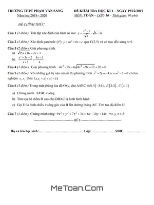 Đề Thi Học Kì 1 Toán 10 Năm 2019 - 2020 Trường THPT Phạm Văn Sáng - TP HCM