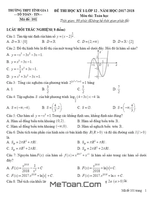 Đề thi học kỳ 1 Toán 12 năm 2017 - 2018 trường THPT Tĩnh Gia 1 - Thanh Hóa