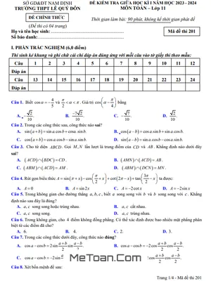 Đề giữa kì 1 Toán 11 năm 2023 - 2024 trường THPT Lê Quý Đôn - Nam Định