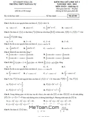 Đề thi giữa kì 2 Toán 12 năm 2022 - 2023 trường THPT Ngô Gia Tự - Đắk Lắk