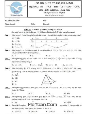 Đề kiểm tra định kỳ Toán 12 tháng 08 năm 2024 trường Lê Thánh Tông - TP HCM