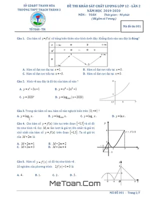 Đề khảo sát Toán 12 lần 2 năm 2019 - 2020 trường Thạch Thành 3 – Thanh Hóa