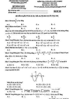 Đề thi cuối kì 2 Toán 12 năm 2022 – 2023 sở GD&ĐT Cần Thơ