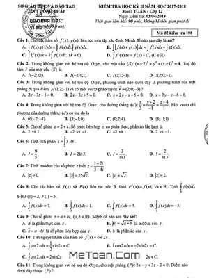 Đề thi HK2 Toán 12 năm 2017 - 2018 sở GD&ĐT Đồng Tháp - Có đáp án