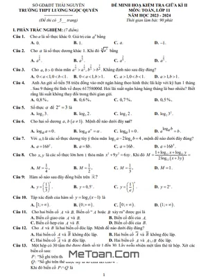 Đề Minh Họa Giữa Kì 2 Toán 11 Năm 2023 - 2024 Trường THPT Lương Ngọc Quyến - Thái Nguyên