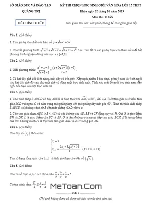 Đề thi HSG Toán 12 năm 2019 - 2020 Sở GD&ĐT Quảng Trị