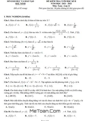 Đề Kiểm Tra Cuối Học Kỳ 2 Toán 11 Năm 2021 - 2022 Sở GD&ĐT Bắc Ninh