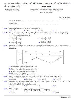 Đề thi thử THPT Quốc gia 2022 môn Toán sở GD&ĐT Hà Tĩnh - Mã đề 007