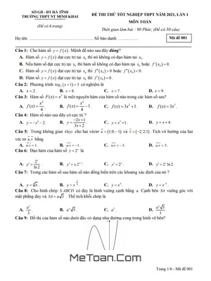 Đề thi thử Toán TN THPT 2021 lần 1 trường Nguyễn Thị Minh Khai - Hà Tĩnh