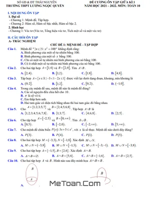 Đề Cương Ôn Tập Giữa Kì 1 Toán 10 Năm 2021 - 2022 Trường THPT Lương Ngọc Quyến - Thái Nguyên