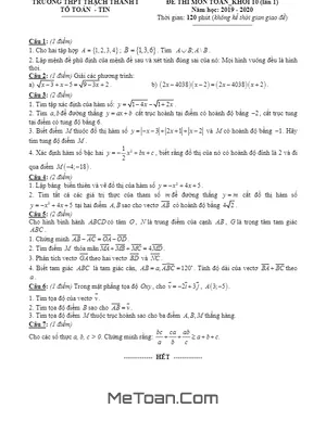 Đề thi Toán 10 lần 1 năm 2019 - 2020 trường THPT Thạch Thành 1 - Thanh Hóa