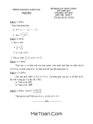 Đề thi khảo sát chất lượng giữa HK1 lớp 7 môn Toán năm 2017-2018 phòng GD&ĐT Thiệu Hóa - Thanh Hóa