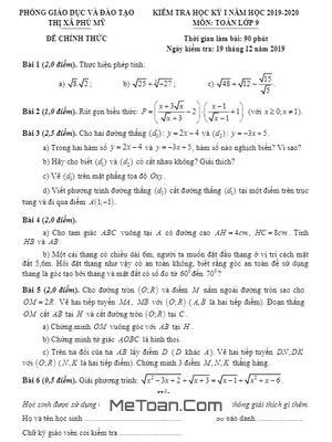 Đề thi học kì 1 Toán 9 năm 2019 – 2020 phòng GD&ĐT Phú Mỹ – BR VT