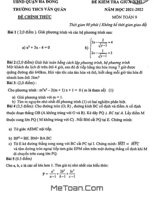 Đề thi giữa kì 2 Toán 9 năm 2021 - 2022 trường THCS Văn Quán - Hà Nội