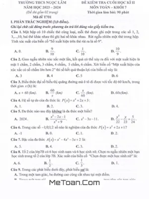 Đề Thi Cuối Kì 2 Môn Toán Lớp 7 Năm 2023-2024 Trường THCS Ngọc Lâm - Hà Nội