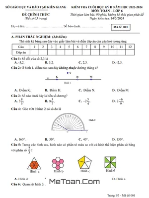 Đề thi cuối kỳ 2 Toán lớp 6 năm 2023 - 2024 Sở GD&ĐT Kiên Giang