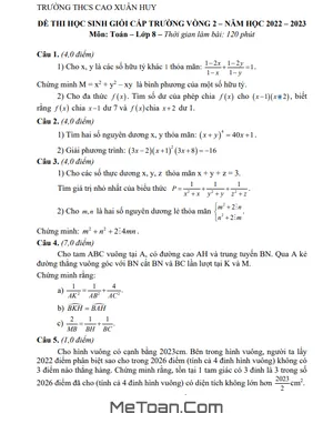 Đề HSG Toán 8 Vòng 2 Năm 2022 - 2023 Trường THCS Cao Xuân Huy - Nghệ An