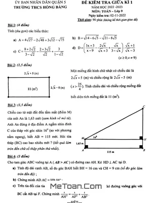 Đề Thi Giữa Kì 1 Toán 9 Năm 2022 - 2023 Trường THCS Hồng Bàng - TP HCM