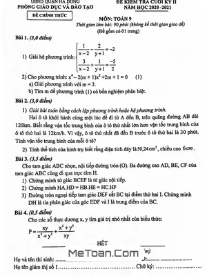 Đề thi cuối kỳ 2 Toán 9 năm 2020 - 2021 phòng GD&ĐT Hà Đông - Hà Nội