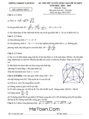 Đề thi thử Toán tuyển sinh lớp 10 năm 2024 - 2025 phòng GD&ĐT Nam Đàn - Nghệ An