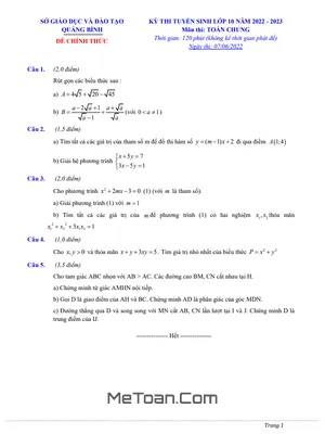 Đề Thi Vào Lớp 10 Môn Toán (Chung) Năm 2022 - 2023 Sở GD&ĐT Quảng Bình