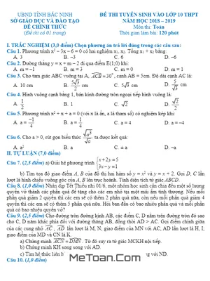 Đề thi tuyển sinh lớp 10 môn Toán sở GD&ĐT Bắc Ninh năm học 2018 - 2019