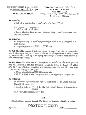 Đề thi HSG Toán 9 năm 2018 - 2019 phòng GD&ĐT thành phố Thái Nguyên