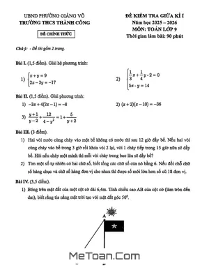 Đề Kiểm Tra Giữa Kì 1 Toán 9 THCS Thành Công (Hà Nội) Năm Học 2025 – 2026