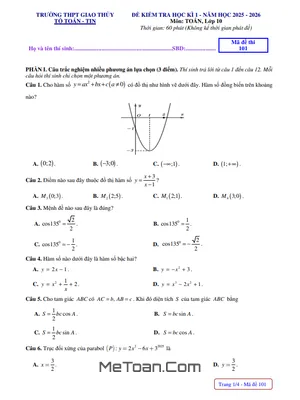 Đề Thi Học Kỳ 1 Toán Lớp 10 Năm 2025-2026 THPT Giao Thủy, Ninh Bình