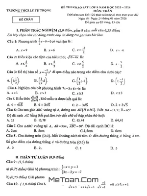 Đề khảo sát Toán 9 năm 2025 – 2026 trường THCS Lý Tự Trọng – Thanh Hóa