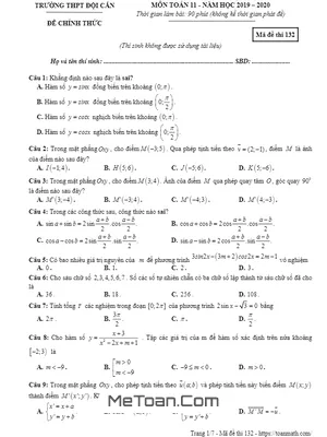 Đề KSCL Toán 11 Lần 1 Ôn Thi THPTQG 2019 - 2020 Trường Đội Cấn - Vĩnh Phúc