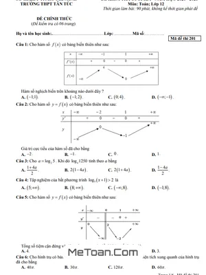 Đề thi học kì 1 Toán 12 năm 2020 - 2021 trường THPT Tân Túc - TP.HCM (có đáp án)
