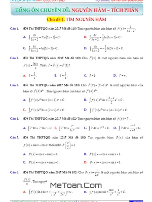 Tổng Hợp 414 Bài Tập Trắc Nghiệm Nguyên Hàm Có Đáp Án - Ôn Thi THPT Quốc Gia 2017