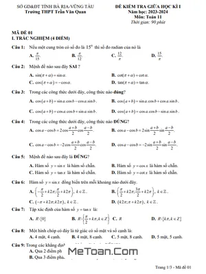 Đề thi giữa kì 1 Toán 11 năm 2023 - 2024 trường THPT Trần Văn Quan - BR VT