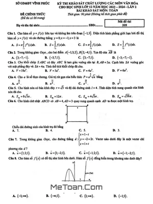 Đề khảo sát chất lượng Toán 12 lần 2 năm học 2023 - 2024 sở GD&ĐT Vĩnh Phúc