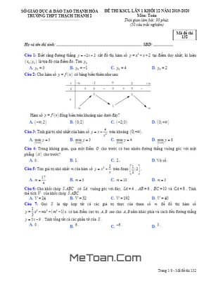 Đề thi KSCL lần 1 Toán 12 năm 2019 - 2020 trường Thạch Thành 2 - Thanh Hóa