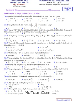 Đề thi học kỳ 2 môn Toán lớp 10 năm 2022 - 2023 trường THPT Bến Tre - Vĩnh Phúc