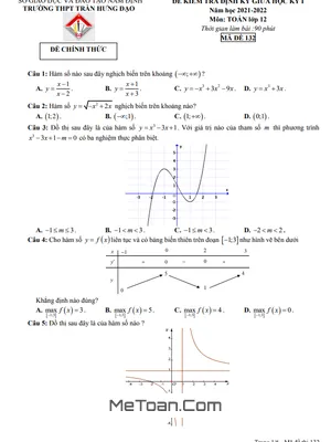 Đề thi giữa kỳ 1 Toán 12 năm 2021 - 2022 trường THPT Trần Hưng Đạo - Nam Định