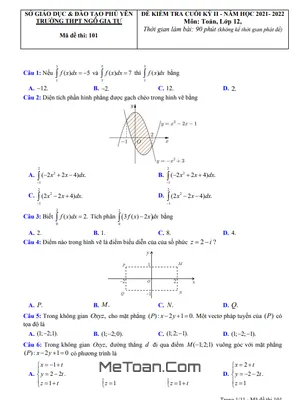 Đề Thi Cuối Kỳ 2 Toán 12 Năm 2021 - 2022 Trường THPT Ngô Gia Tự - Phú Yên