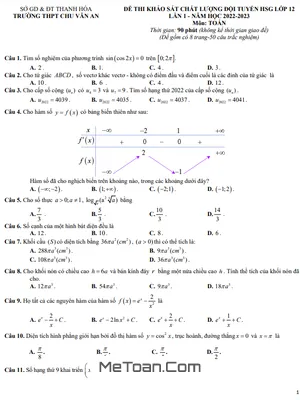 Đề HSG Toán 12 năm 2022 – 2023 lần 1 trường THPT Chu Văn An – Thanh Hóa
