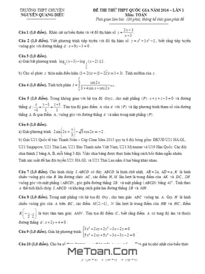 Đề thi thử THPT Quốc gia 2016 môn Toán trường chuyên Nguyễn Quang Diêu – Đồng Tháp (lần 1) có đáp án