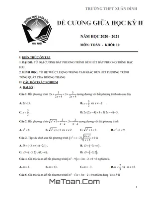 Đề Cương ôn Tập Giữa Kỳ 2 Môn Toán Lớp 10 Năm 2020 - 2021 Trường THPT Xuân Đỉnh - Hà Nội