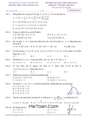 Đề kiểm tra giữa HK1 Toán 10 năm 2018 - 2019 trường THPT Việt Nam - Ba Lan - Hà Nội