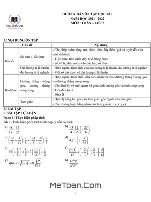 Hướng dẫn ôn tập học kì 1 Toán lớp 7 năm 2021 - 2022 trường Vinschool – Hà Nội