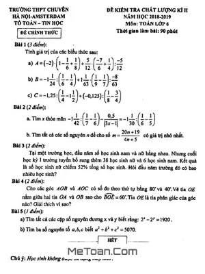 Đề thi học kỳ 2 Toán lớp 6 năm 2018 - 2019 trường chuyên Hà Nội - Amsterdam