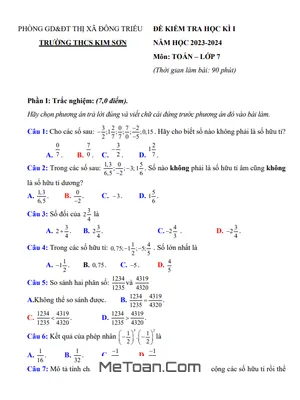 Đề thi học kì 1 Toán 7 năm 2023 - 2024 trường THCS Kim Sơn - Quảng Ninh