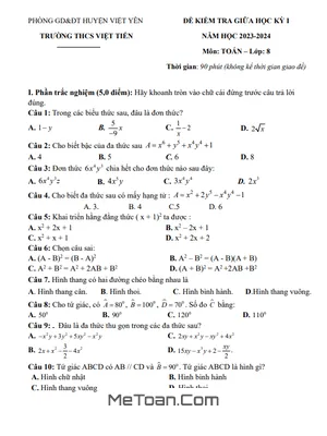 Đề Thi Giữa Kì 1 Toán 8 Năm 2023-2024 Trường THCS Việt Tiến - Bắc Giang