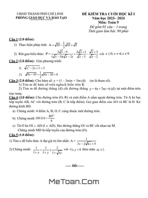 Đề thi học kì 1 Toán 9 năm 2023 - 2024 phòng GD&ĐT Chí Linh - Hải Dương