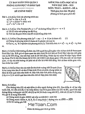 Đề thi giữa kỳ 2 Toán 9 năm 2020 - 2021 phòng GD&ĐT Quận 3 - TP.HCM